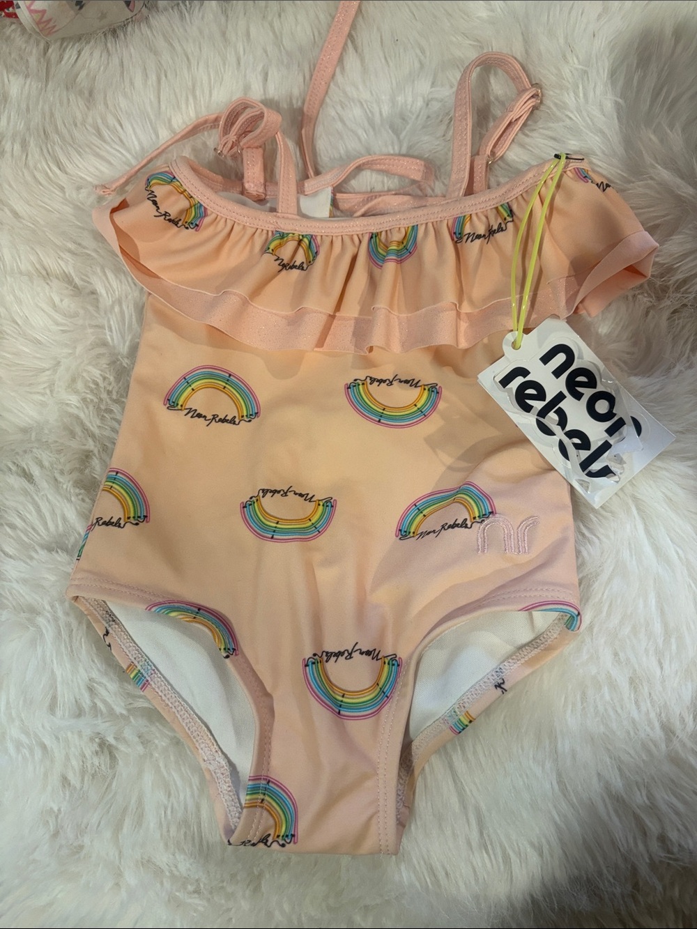Peach Rainbow One-Piece Swimsuit with Ruffle